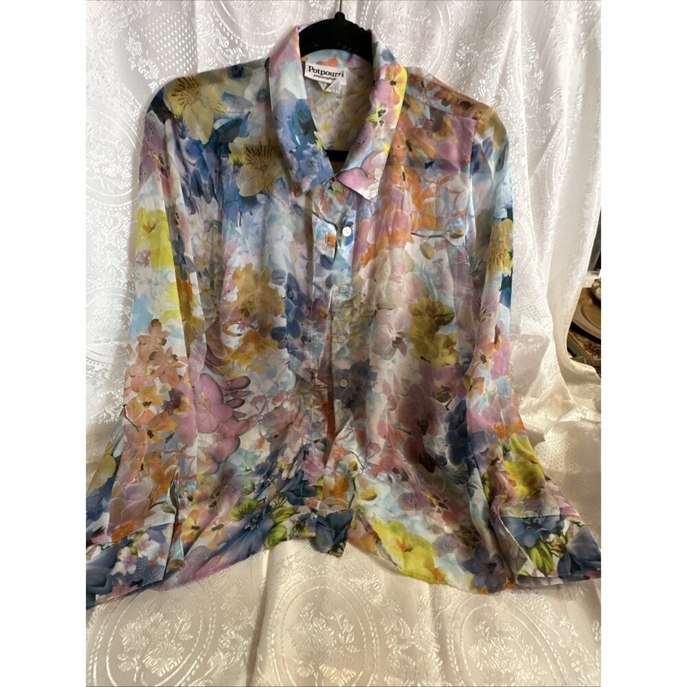 Potpourri Sheer Layering Blouse Floral Button Up Vintage Size Large